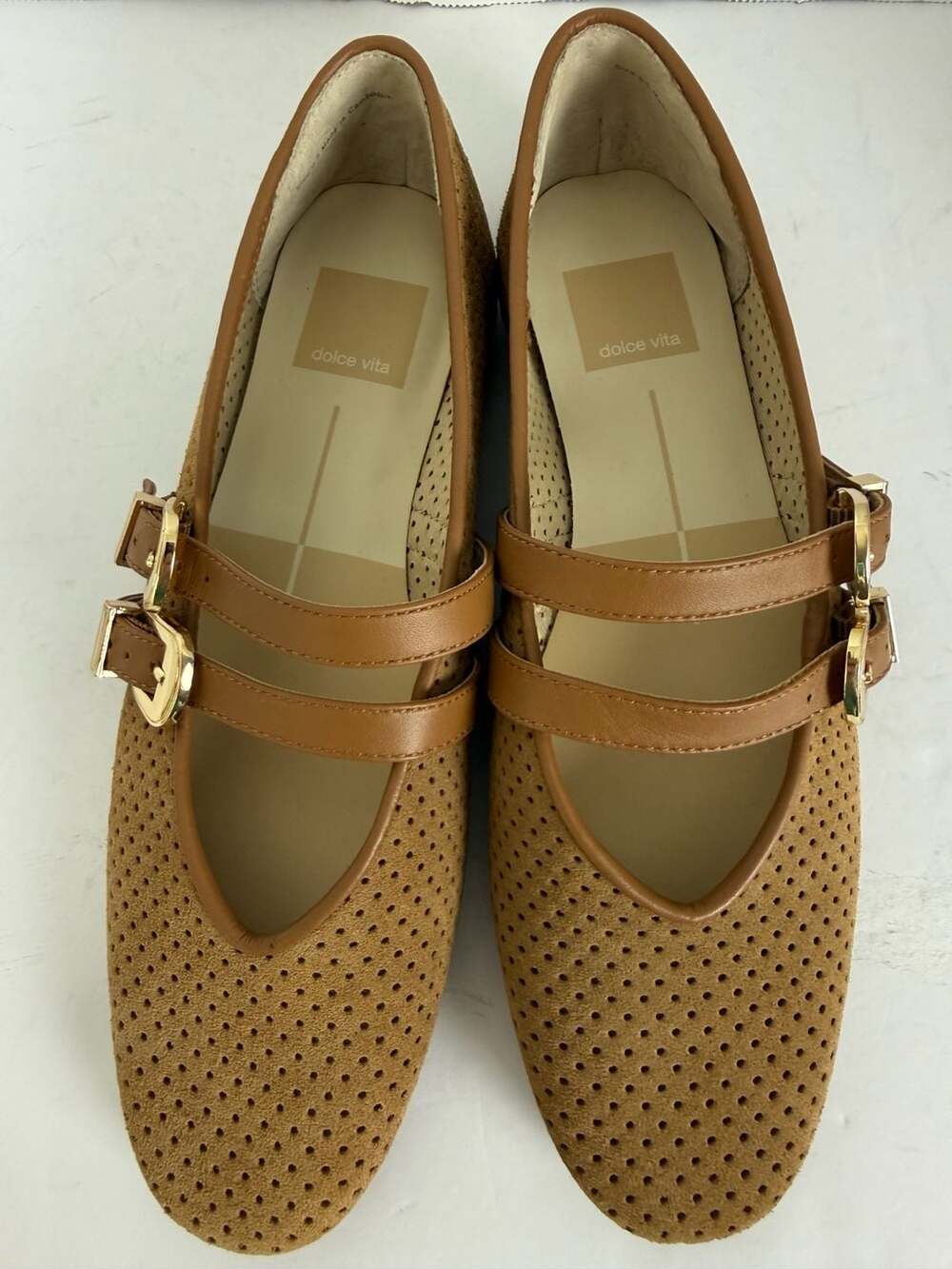 Dolce Vita Tan Perforated Double-Strap Mary Jane Flats with Gold Buckles